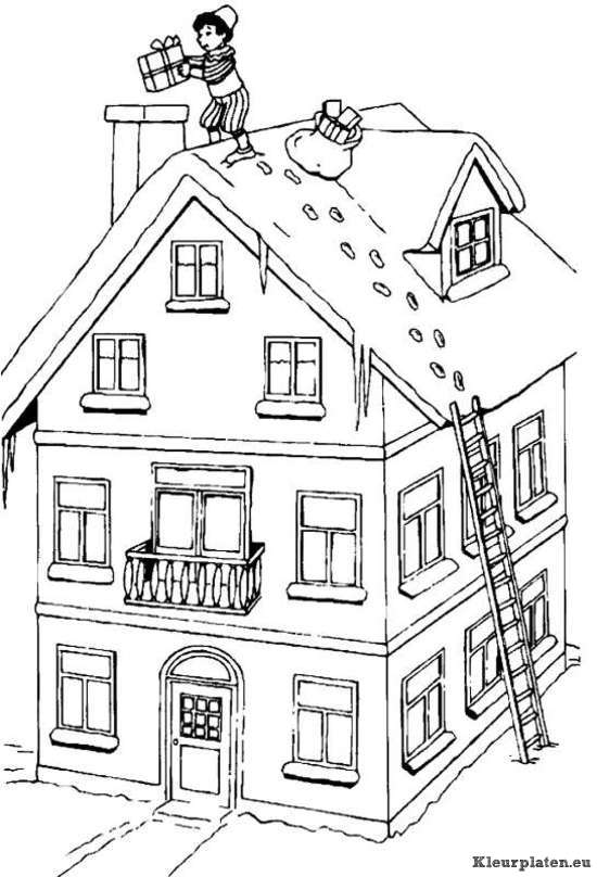 Zwarte piet op het dak met een ladder